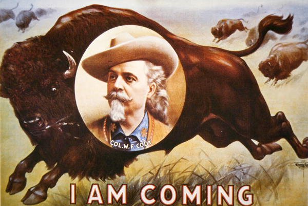 バッファロー・ビル（1846-1917）のワイルド・ウェスト・ショーのポスター「I Am Coming」（カラーリトグラフ） 作： アメリカ人学校
