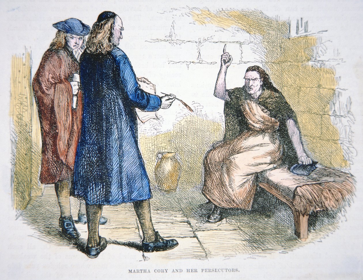 1692年、セーラムの魔女裁判で魔女の嫌疑をかけられたマーサ・コリー（カラーリトグラフ 作： アメリカ人学校
