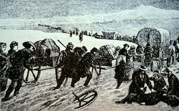 吹雪の中、ユタ州ソルトレイクシティに向かうモルモン教徒の馬車隊（彫刻作品） 作： アメリカ人学校