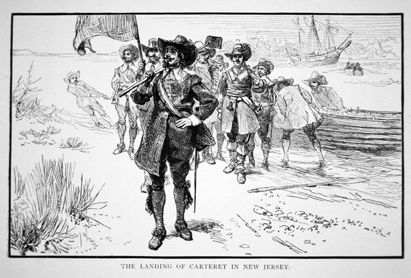 1664年、オランダ領だったニュージャージーに上陸したフィリップ・カータレット（リトグラフ） 作： アメリカ人学校