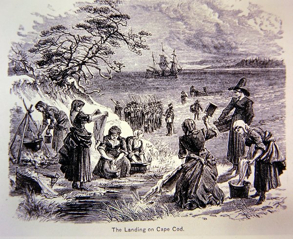 1620年、アメリカに上陸したピルグリムファーザーたち-ケープコッドへの上陸、働く女性たちの姿（リトグラフ） 作： アメリカ人学校