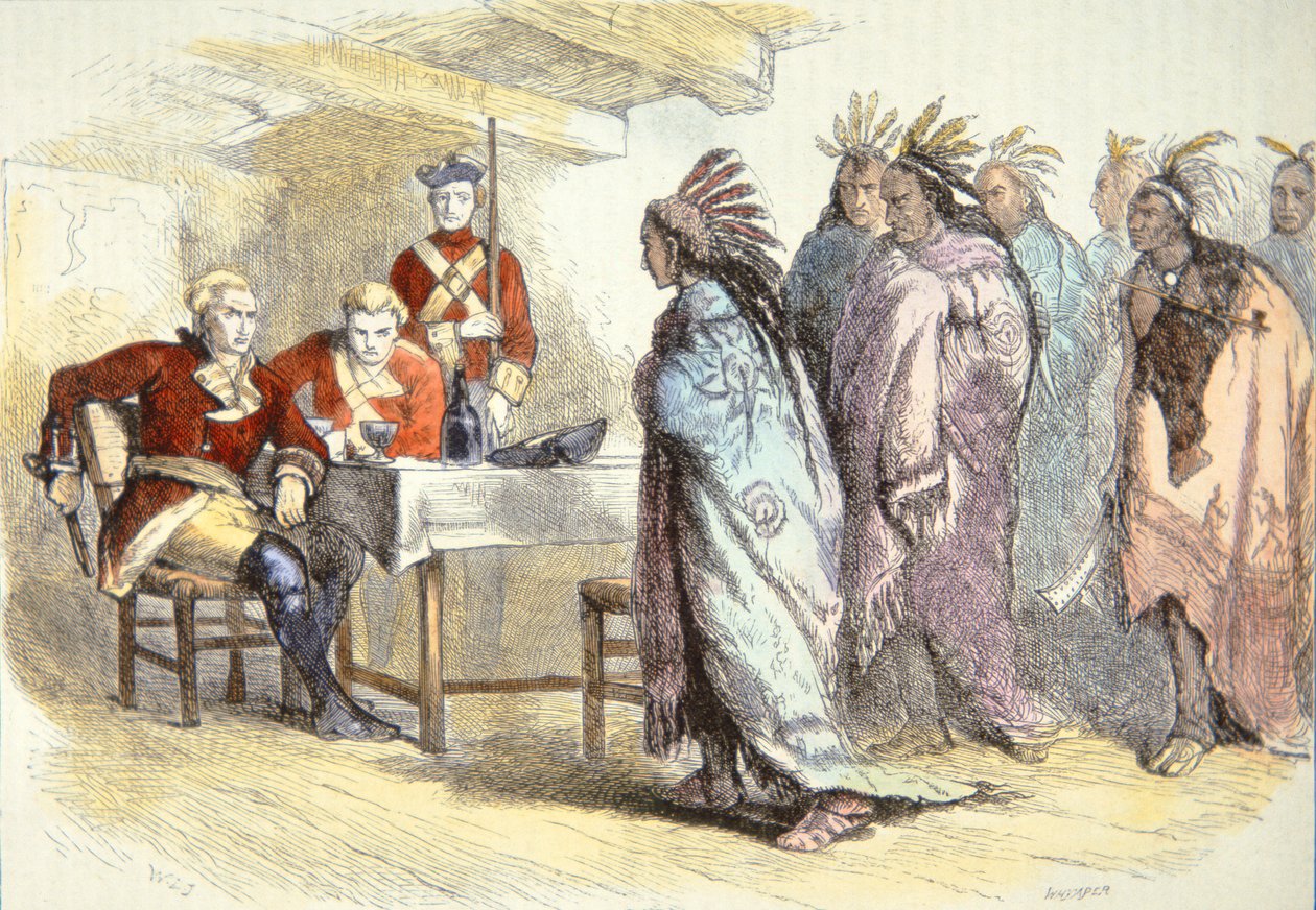 1763年、デトロイト要塞にグラッドウィン少佐を訪ねるポンティアック（カラーリトグラフ 作： アメリカ人学校