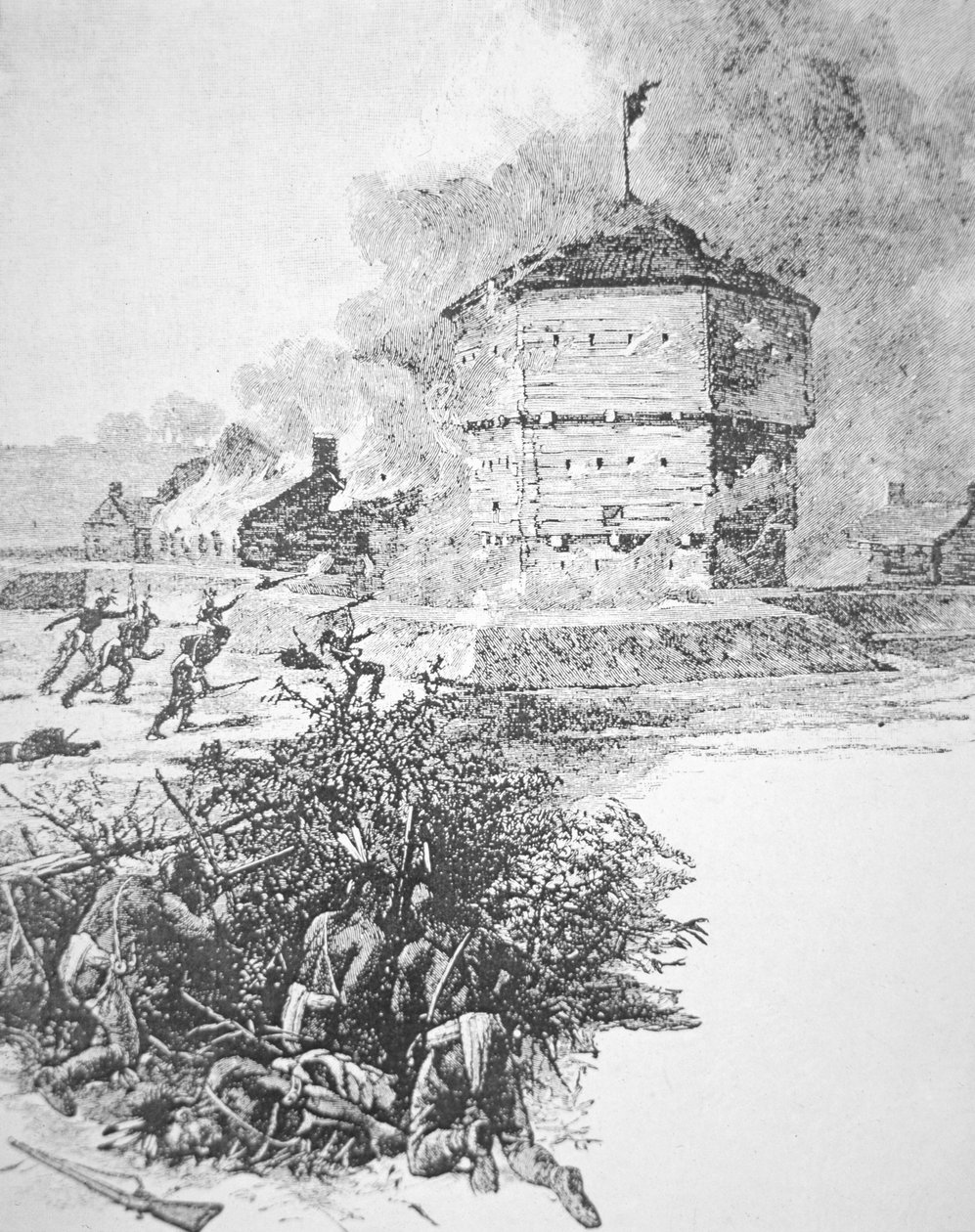 1763年春、オタワ族の酋長ポンティアックによるデトロイト砦の包囲（リトグラフ 作： アメリカ人学校