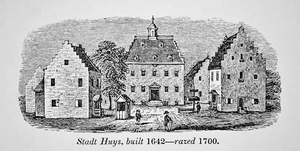 1642年に建設され、1700年に取り壊されたオランダのニューアムステルダム（ニューヨーク）のStadt Huys（リトグラフ）。 作： アメリカ人学校
