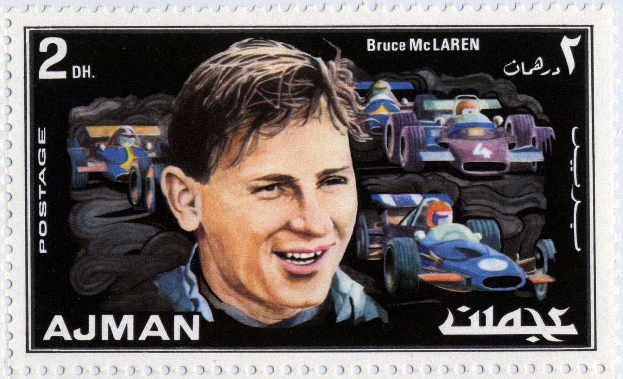 アラブ首長国連邦、ネオ・ゼランドの自動車ドライバーBruce Mc Laren(1937-1970)をモチーフにした切手を発行 作： 学校アラビア語