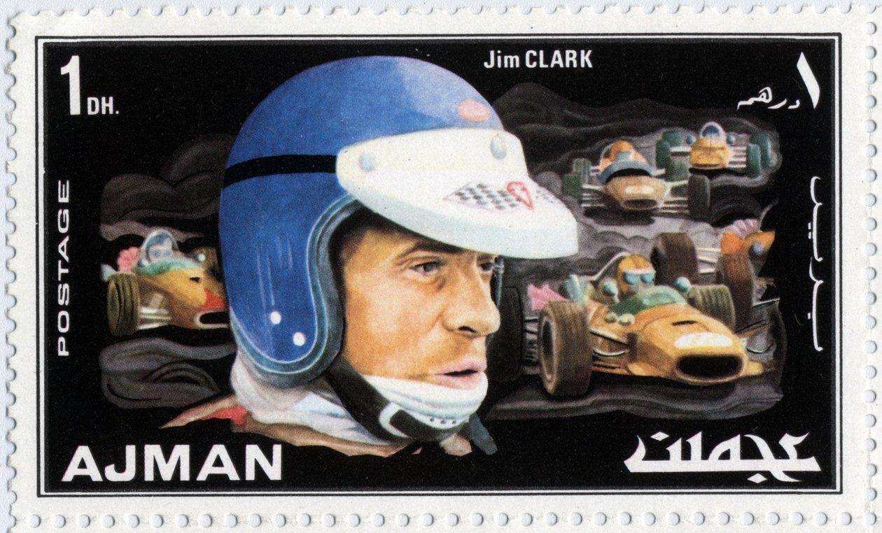 スコットランドの自動車ドライバー、ジム・クラーク（1936-1968）を象徴するアラブ首長国連邦の切手 作： 学校アラビア語