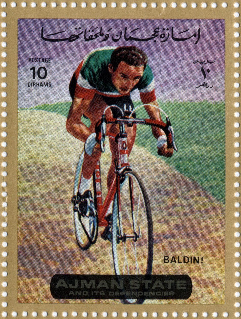 自転車競技者Ercole Baldini（Ne 1933）を表すUAEの切手。 作： 学校アラビア語