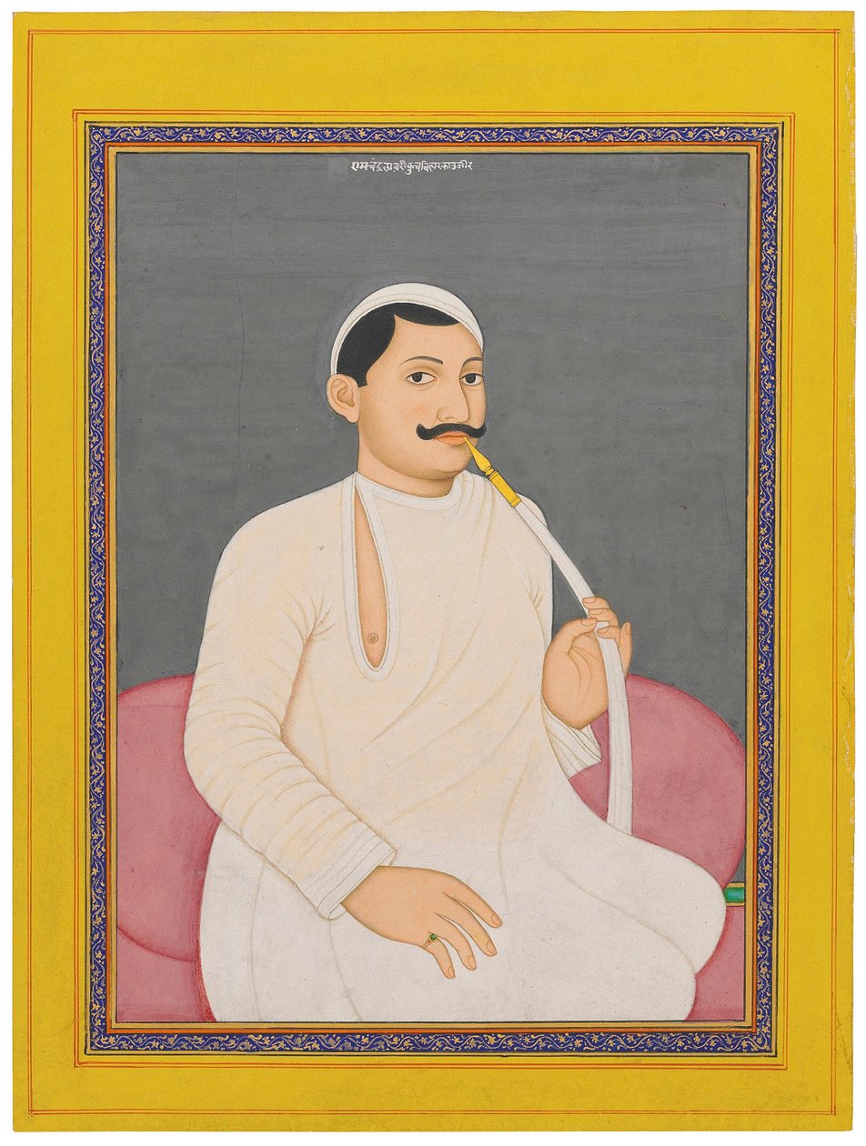 Cooch Bewar の Dewan である Ram Chandra Lahiri の座っている肖像画 (1829 - 1842 年、1840 年頃 (紙に金で強調された不透明な顔料) 作： 学校ベンガル語
