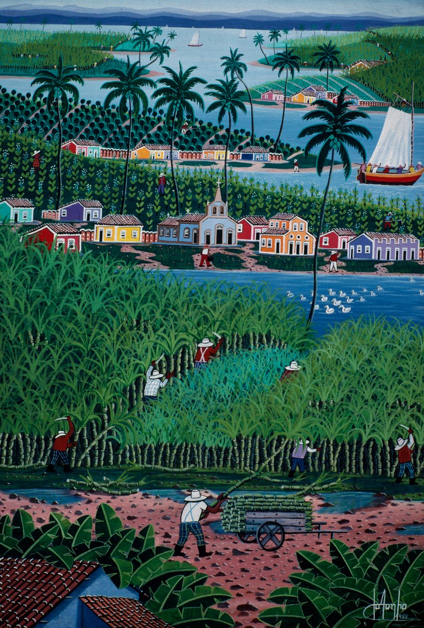 竹の収穫を描いたナイーブアートの絵（ブラジル、バイア州