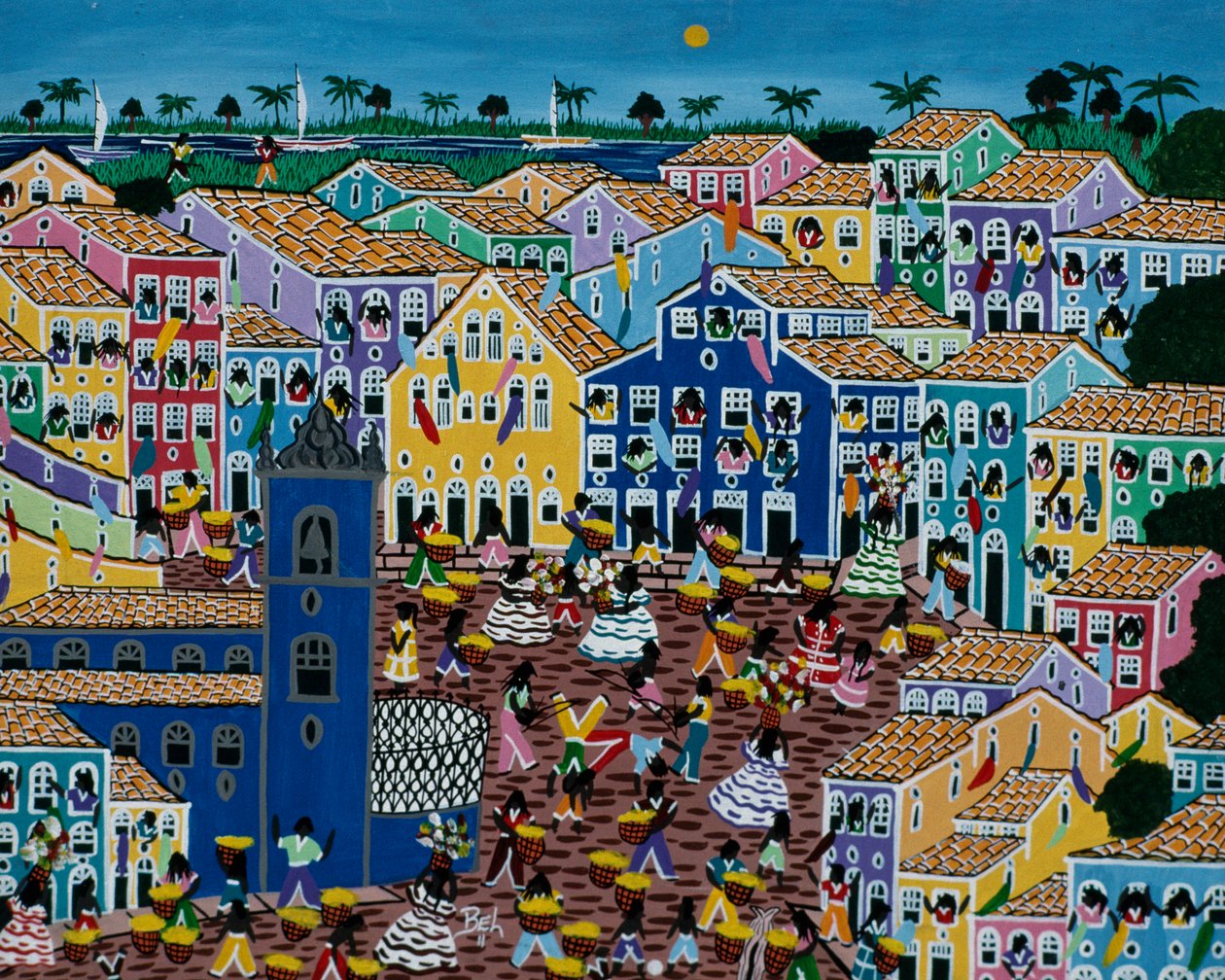 市場を描いたナイーブアートの絵画（ブラジル・バイア州 作： 学校ブラジル人