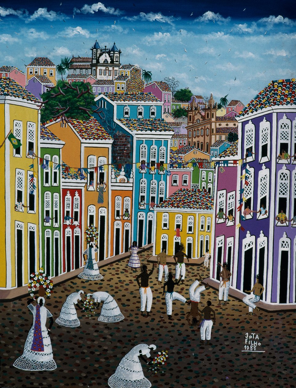 街角の風景を描いたナイーブアートの絵画（ブラジル・バイア州 作： 学校ブラジル人
