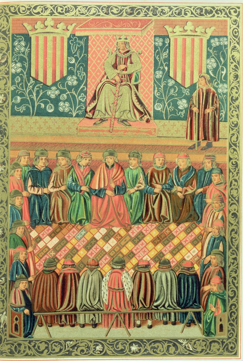 1242 年 3 月にリェイダのコルテスを主宰する征服王ジェームズ 1 世、「Constitucions de Catalunya」の写本より 作： 学校カタロニア語