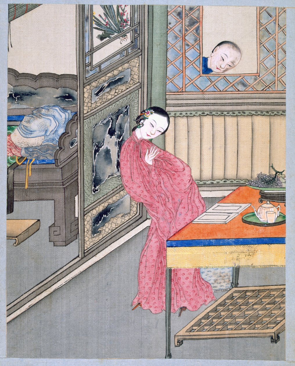 窓際で恋人を驚かせる男 (生地に色) 作： 学校の中国語