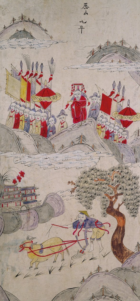 中国の有名な物語を描いた八曲一双のパネル（紙に天然顔料） 作： 学校の中国語