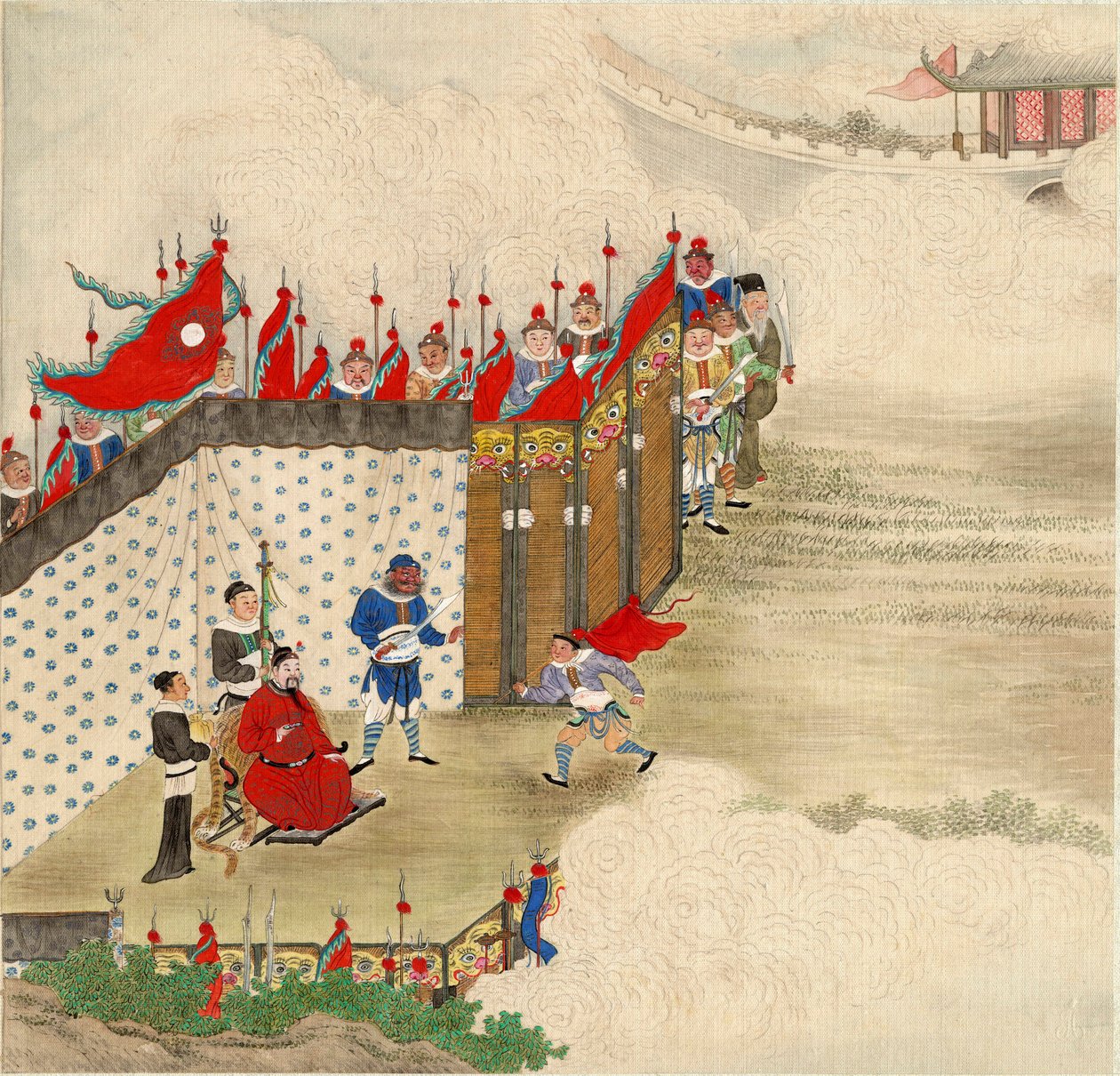 中国美術：使者を受け取る中国の王子 中国のシルクプリント 1820年頃 薄手 24,6x23,7 cm 個人蔵 作： 学校の中国語