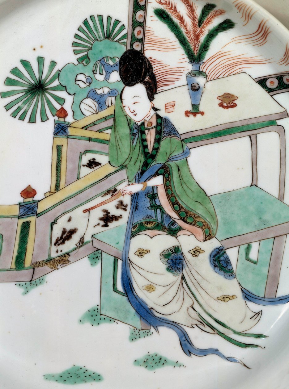 中国美術：ベンチに座っている女性のリワーズ。18世紀の磁器に描かれた絵画。パリ、ギメ美術館、国立アジア美術館 作： 学校の中国語