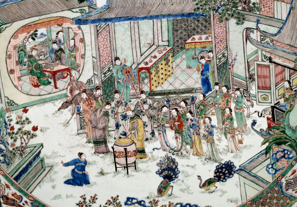 中国美術：コンサートのある伝統的なパーティー。磁器に描かれた絵画。18世紀パリ、ギメ美術館、国立アジア美術館 作： 学校の中国語