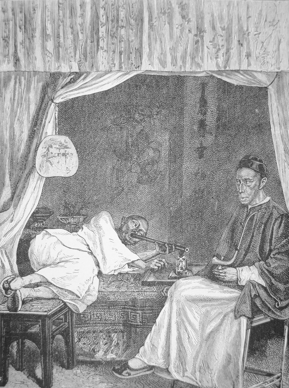 アヘンを吸う中国人たち 1875年の版画（リトグラフ 作： 学校の中国語