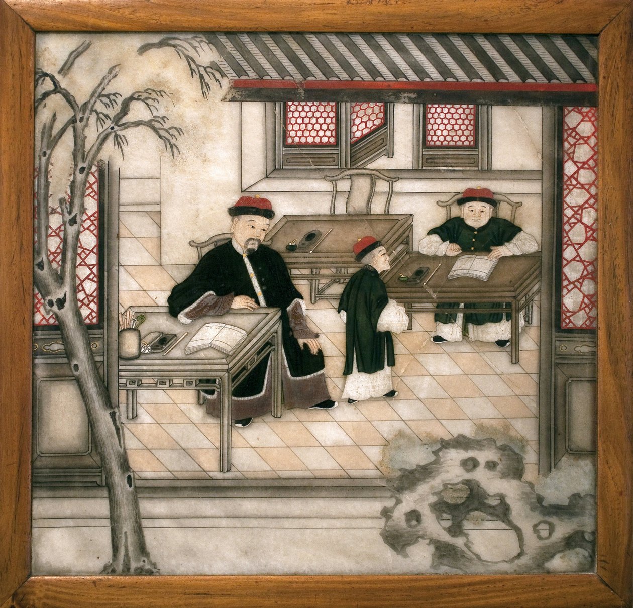 大理石製の飾り皿で、キャビネットの中の文字を表現しています。大理石製絵画、清時代（1644-1911）、中国美術。ラ・ロシェルのオルビニー・ベルノン美術館。 作： 学校の中国語