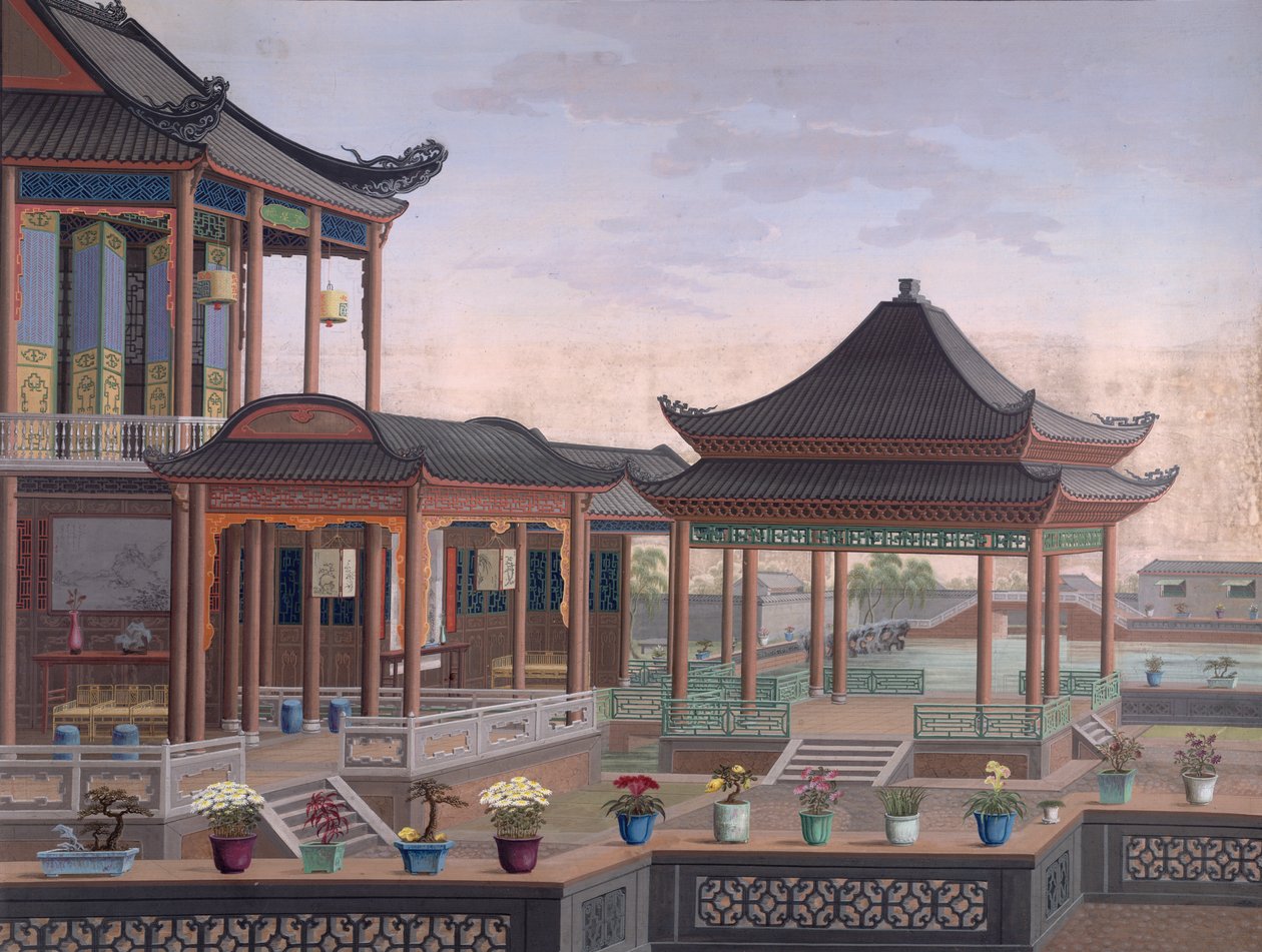中国官吏の家、1800-05年頃（紙に不透明な水彩画） 作： 学校の中国語