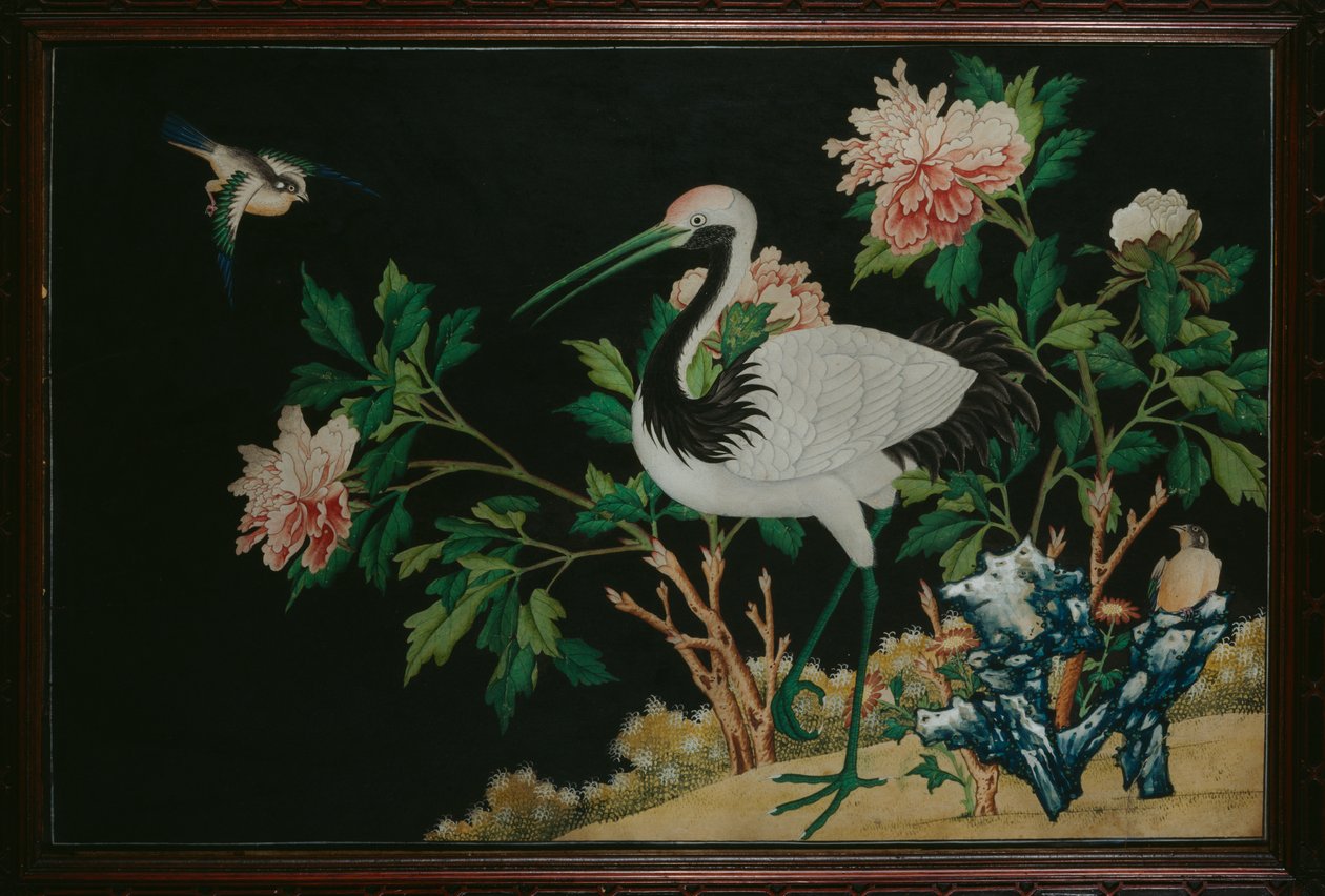 真作　作者不詳(清朝画家)　満州国購入大同2年(1932年)　鴨の絵　水彩画 満州鶴 乾隆時代（黒紙に水彩、ガッシュ）