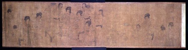 音楽を奏でる女性たちの細部が描かれた《宮廷遊女図屏風》、周文洲（970年頃）の原画に倣って、南宋時代、1140年頃に制作された（絹本に墨と顔料）（114251も参照 作： 学校の中国語