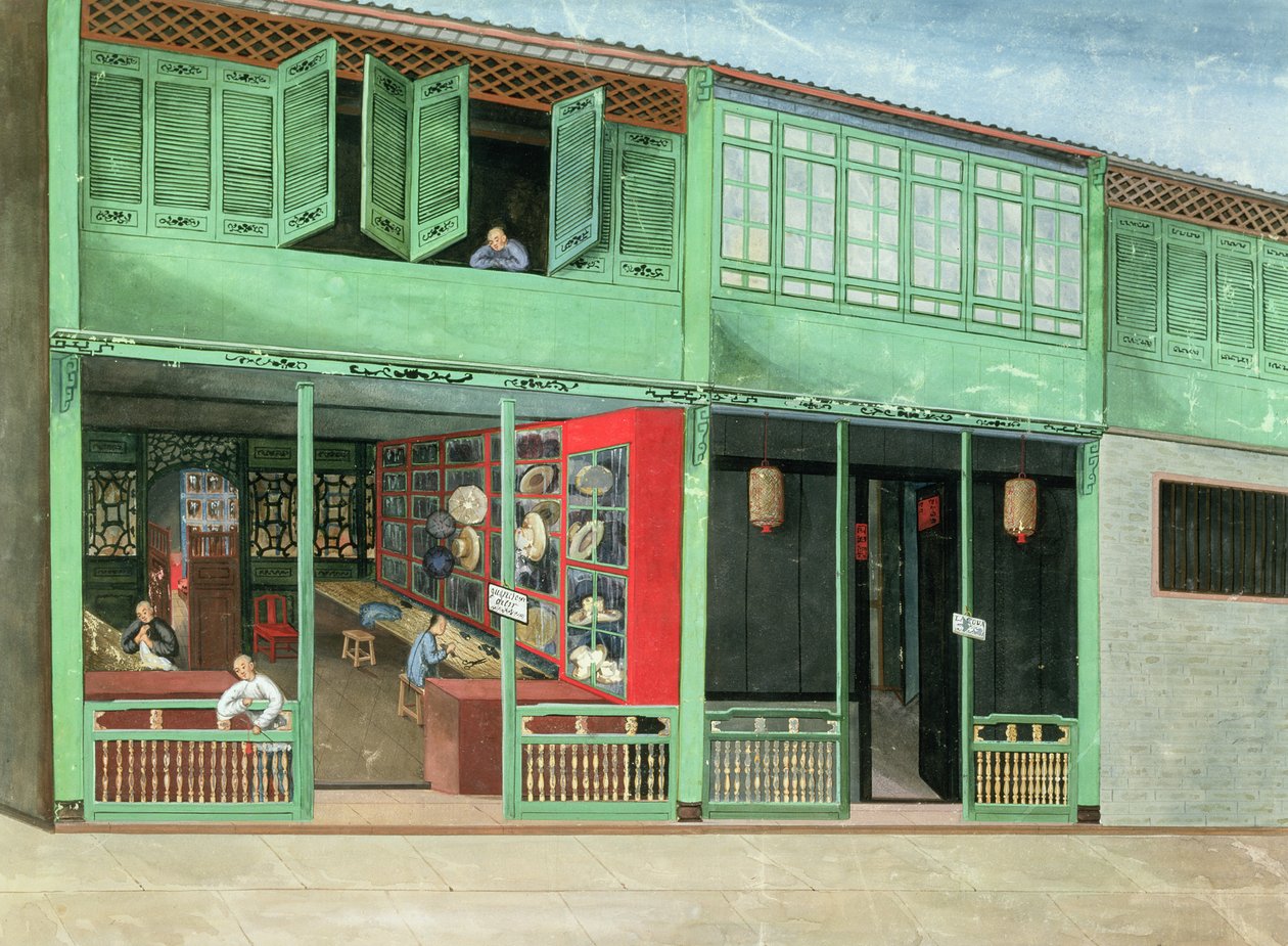 仕立て屋ポリーの店 China st.画商ラムカ、1830年頃（紙にグワッシュ） 作： 学校の中国語