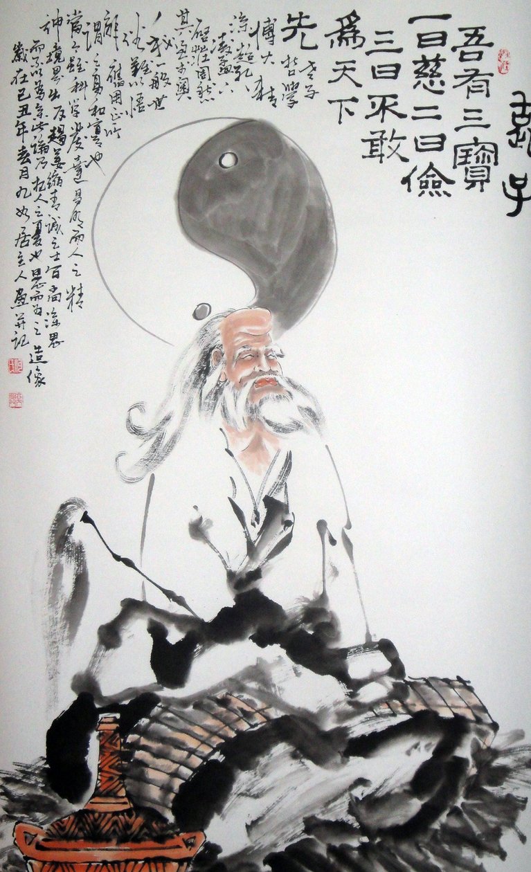 紀元前6世紀に生きたとされる中国の哲学者、老子（ラオツェー、老子は「老子」「老師」の異名を持つ）の肖像 紙に墨で描いたもの 匿名 個人蔵 作： 学校の中国語