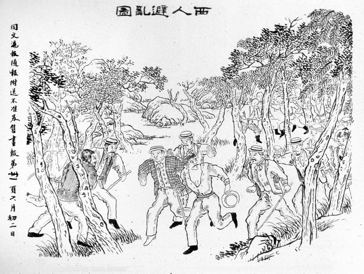 義和団の反乱：義和団と対峙するヨーロッパ人。1899年頃、上海の新聞「Toung-Ouen-Hou-Pao」に掲載されたイラスト。 作： 学校の中国語