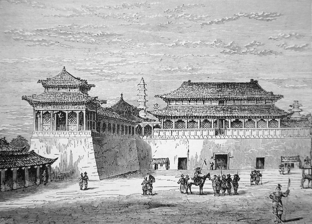 中国皇帝の宮殿、紫禁城、19世紀のペキン（リトグラフ 作： 学校の中国語