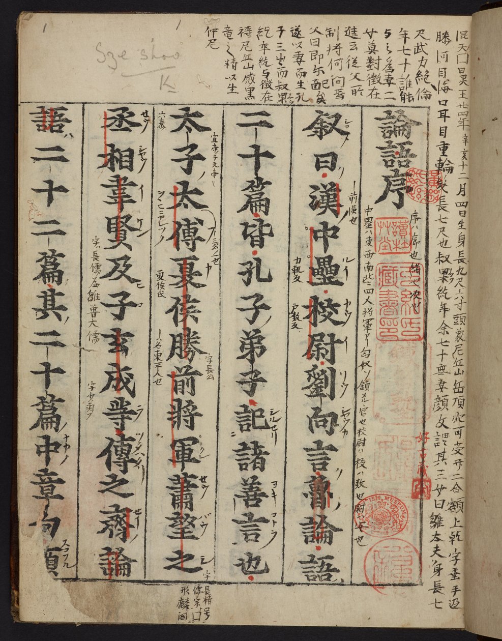 Rongo 論語または「孔子の論語」のタイトル ページ、印刷 c.1390-1450 (ベラム) 作： 学校の中国語