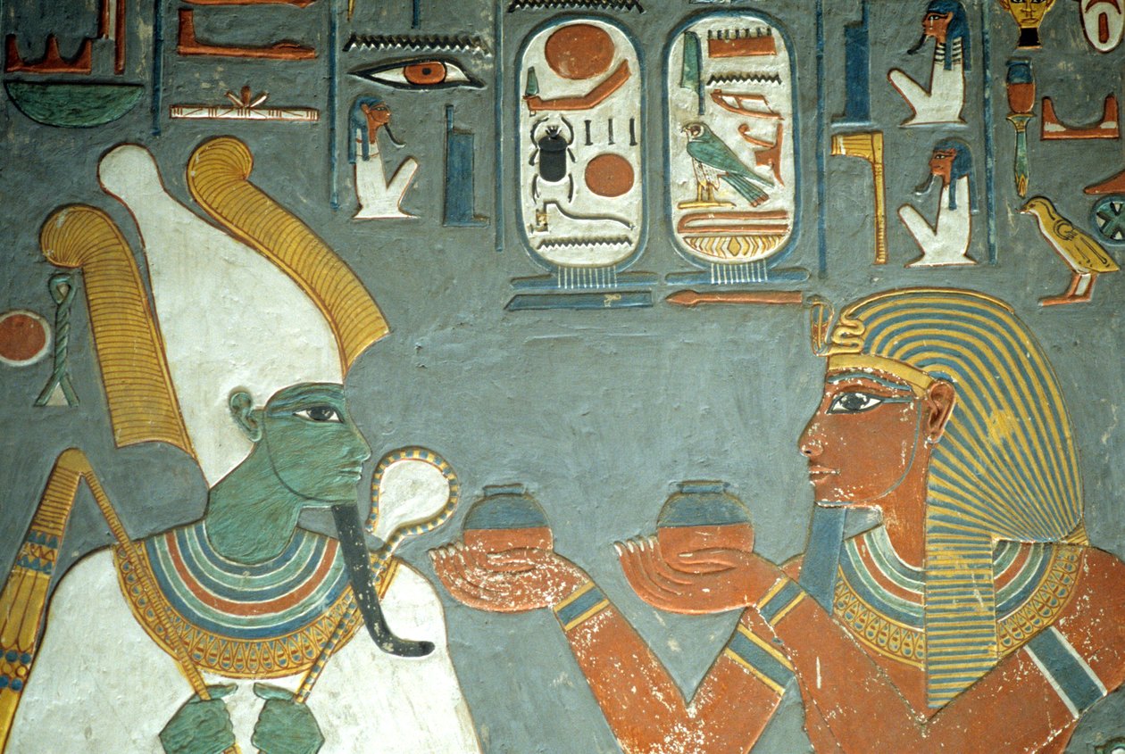古代エジプト、絵画、オシリスに軟膏を捧げるホレムヘブ、ホレムヘブの墓、テーベ 作： 学校エジプト人