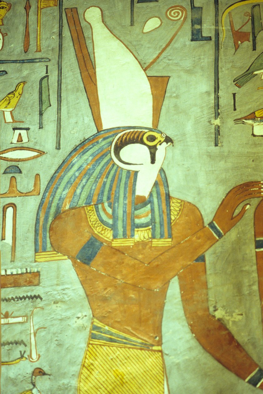 古代エジプト、絵画、ホルス、鷹の頭をした神、王の神、ラメセス1世の墓、テーベ 作： 学校エジプト人