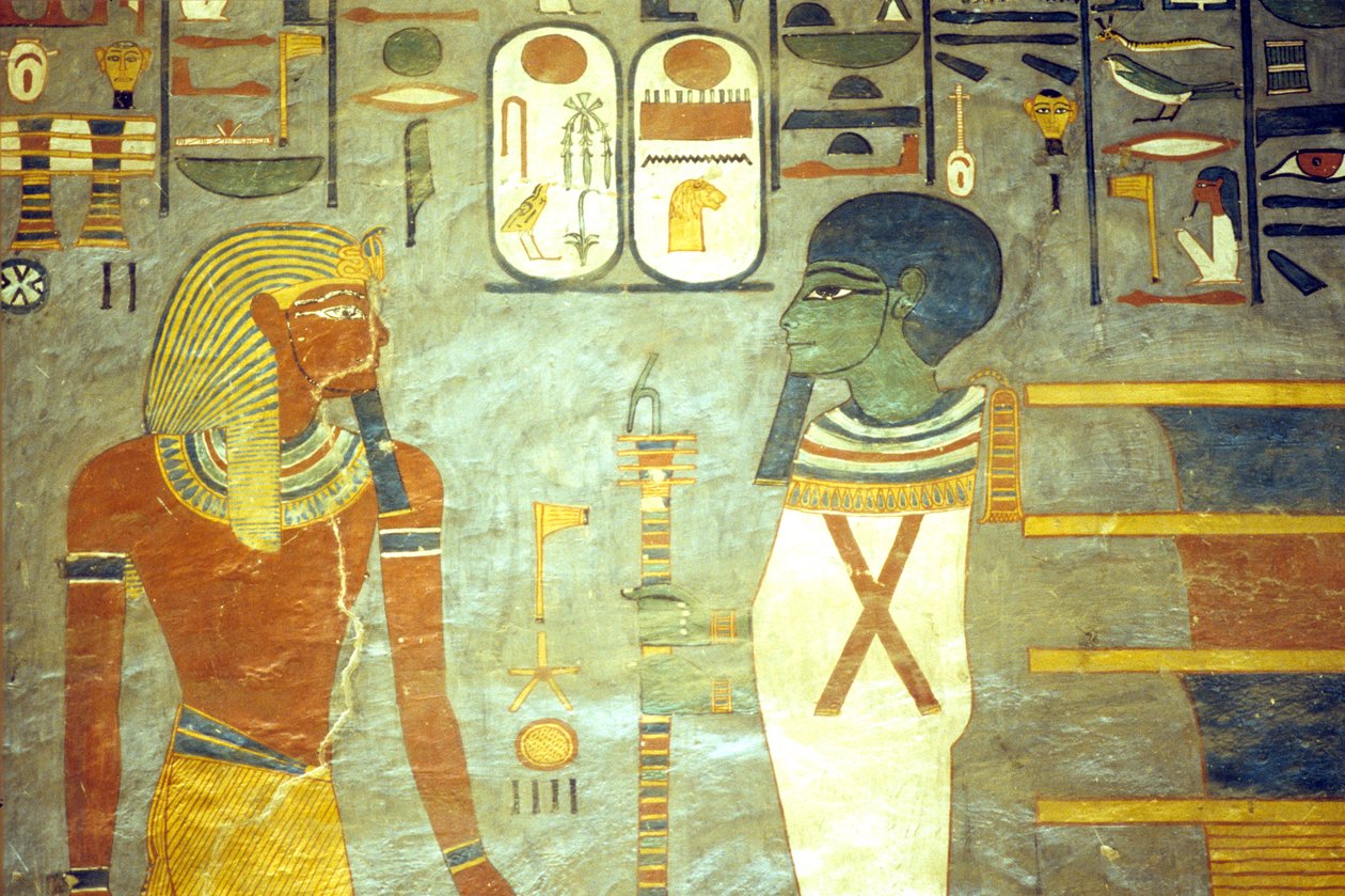 古代エジプト、絵画、プタハの前にラメセス1世、その後ろにジェド柱
