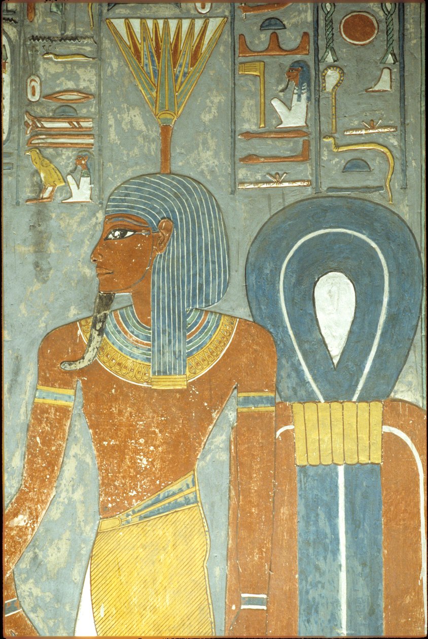 古代エジプト、絵画、ホレムヘブの墓、テーベ第18王朝、ネフェルトゥム神とイシスの結び目、睡蓮または蓮の頭飾りをつけたネフェルトゥムまたはネフェルテム（写真） 作： 学校エジプト人