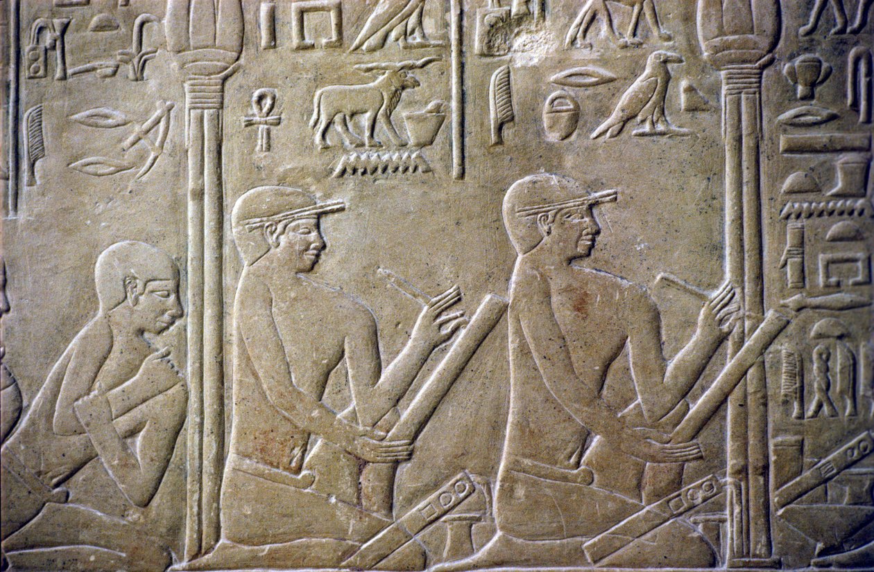 古代エジプト、レリーフ／彫刻、メレレウカの墓、メレレウカのマスタバ、第6王朝、サッカラ、村の長老たちは事務官に誤った納税申告を認めざるを得なかった（写真） 作： 学校エジプト人