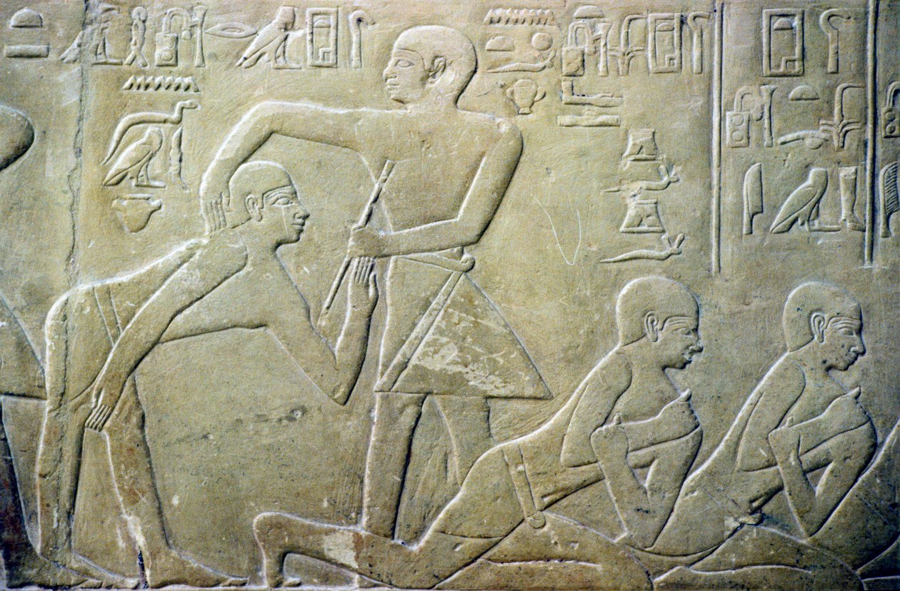 古代エジプト、レリーフ、村の長老が事務官に申告漏れを認めるよう命じられる、メレレウカの墓、6王朝時代（写真） 作： 学校エジプト人