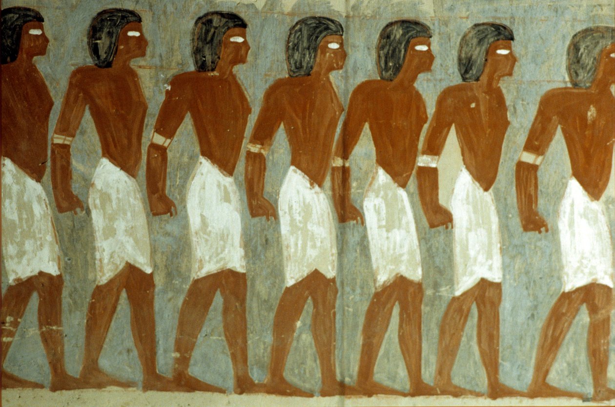 古代エジプト、壁画、拘束された捕虜、未完成、ホレムヘブ墳墓 作： 学校エジプト人