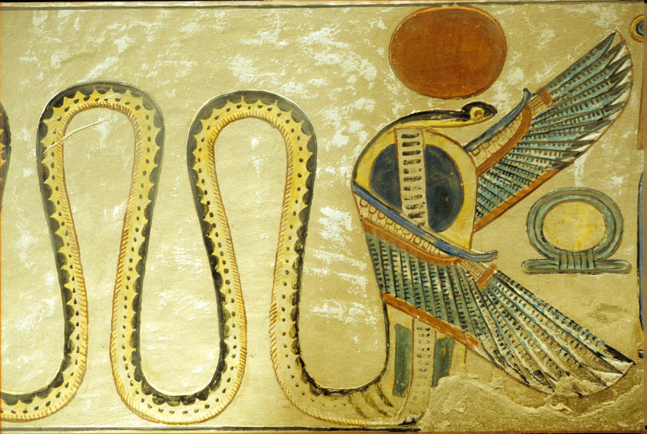 古代エジプト、壁画、アモン・ヒル・ホプシェフの墓、埋葬室の入り口を守るウラエウスと翼のある蛇、第20王朝、女王の谷（写真） 作： 学校エジプト人
