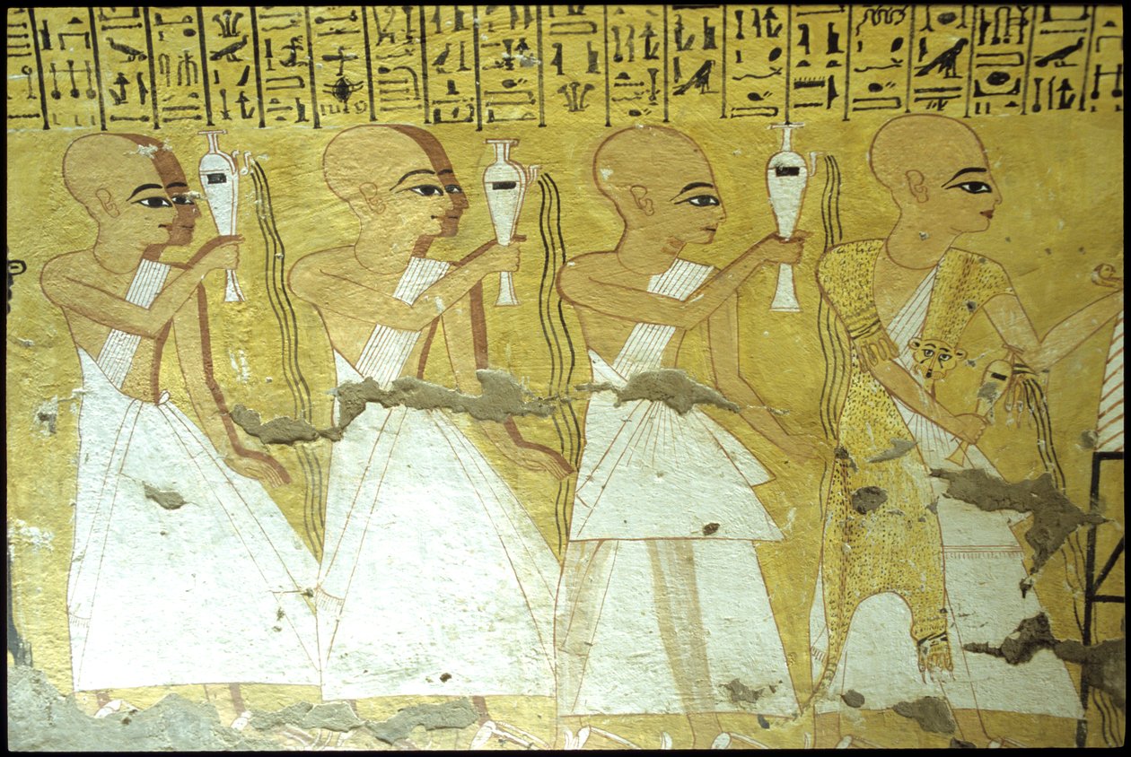 古代エジプト、壁画 インヘルクハウの墓、テーベ、貴族の墓、第20王朝、インヘルクハウに献杯する神官たち（写真） 作： 学校エジプト人