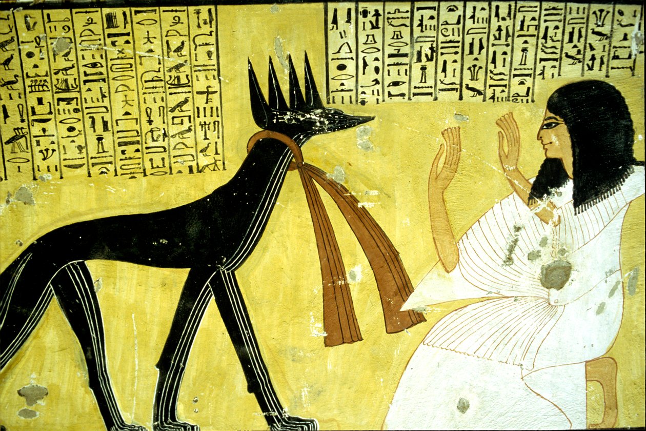 古代エジプト、壁画 インヘルクハウの墓、テーベ、貴族の墓、第20王朝、ジャッカル神を拝むインヘルクハウ（写真） 作： 学校エジプト人