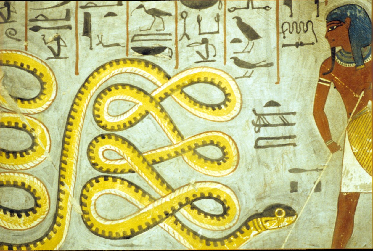 古代エジプト、壁画、ラメセス1世の墓、王家の谷、冥界の蛇神を殺すラメセス1世 作： 学校エジプト人