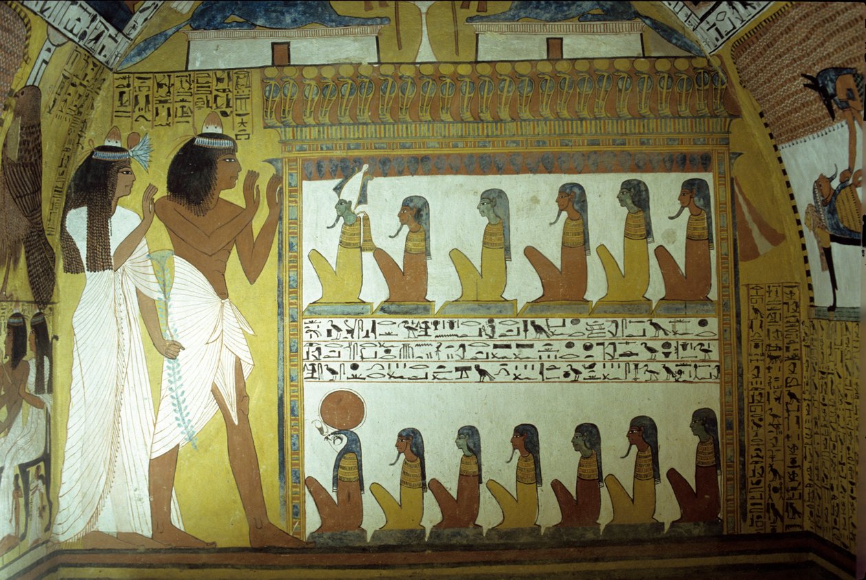 古代エジプト、壁画、セネデジェムの墓、壁、セネデジェムとその妻は冥界の神々、オシリス、ホルス、テーベ、デイル・エル・メディナを崇拝している。 作： 学校エジプト人