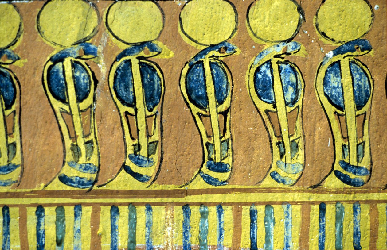 古代エジプト、壁画、オシリスの祠を守るウラエウスの蛇、セネジェムの墓、テーベ、デイル・エル・メドナ 作： 学校エジプト人