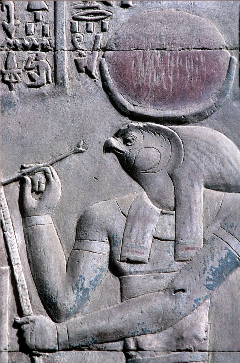 古代エジプト、壁画／彫刻、パピルスの巻物に書かれたホルス、セベクとホルスの神殿、コムオンボ（写真） 作： 学校エジプト人