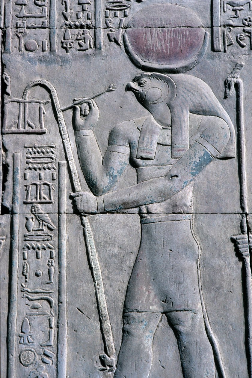 古代エジプト、壁画／彫刻、パピルスの巻物に書かれたホルス、セベクとホルスの神殿、コムオンボ（写真） 作： 学校エジプト人