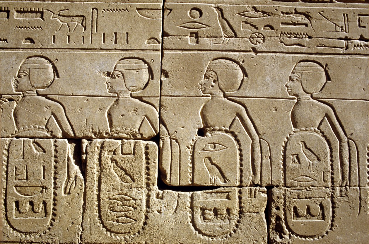 古代エジプト、壁画／彫刻、カルナック／ルクソール塔門6、ツトモセ3世軍に服属させられた南部とシリアの部族リストの一部、カルナック神殿、ルクソール 作： 学校エジプト人
