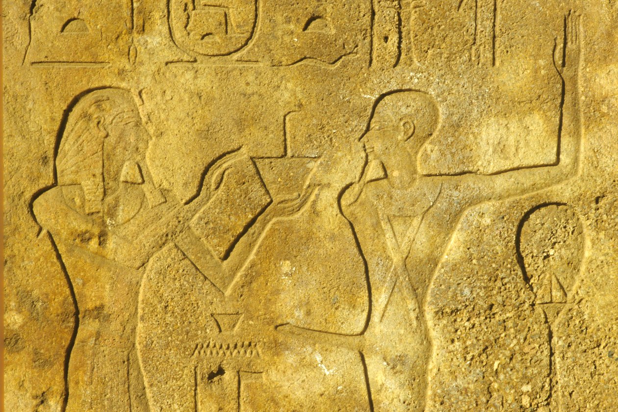 古代エジプト、壁画／彫刻、カルナック／ルクソール神殿、ミン神に線香を捧げるハトシェプスト。 作： 学校エジプト人