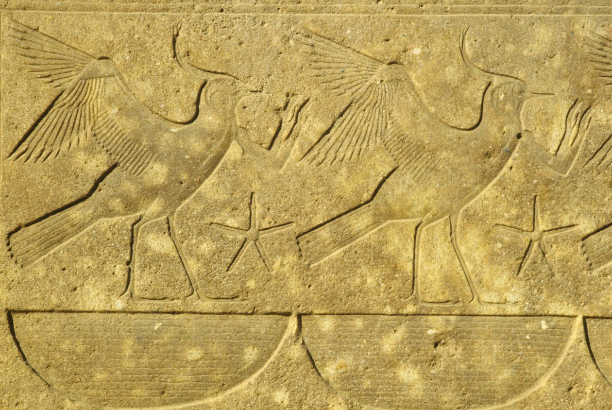 古代エジプト、ルクソール、カルナック神殿、エジプトの様々な部族を表現した壁絵／彫刻、ラプウィング（写真） 作： 学校エジプト人