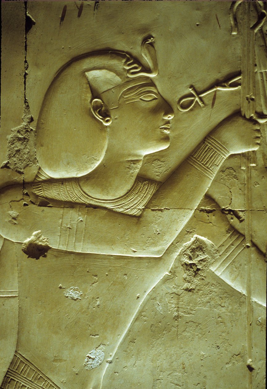 古代エジプト、壁画／彫刻、アンクに象徴される生命を受け取るセティ1世、セティ1世神殿、アビドス 作： 学校エジプト人